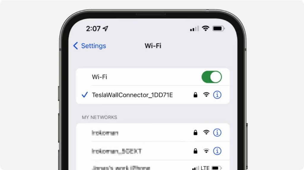 Find Tesla wall connector wifi in phone wifi settings to connect phone to Tesla wall connector