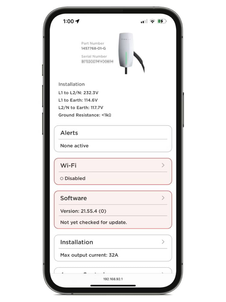 Tesla wall connector IP address Web interface control