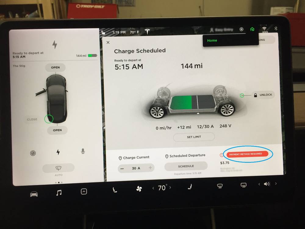 Charging method required Tesla in car display add payment method for supercharging 1