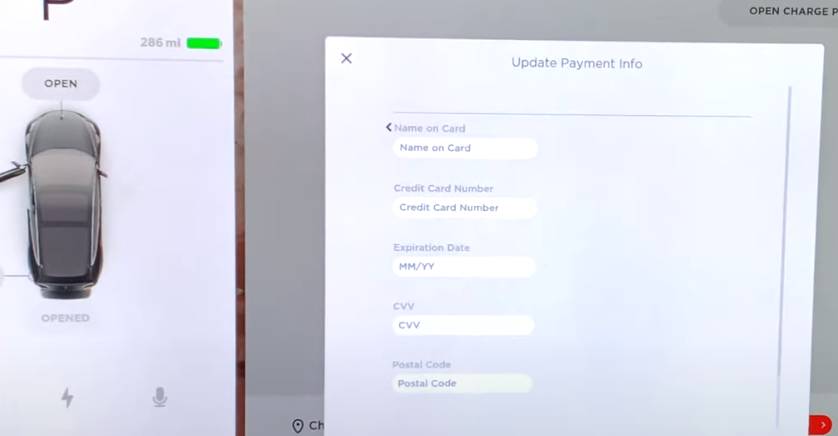 Tesla in car add payment method for supercharging