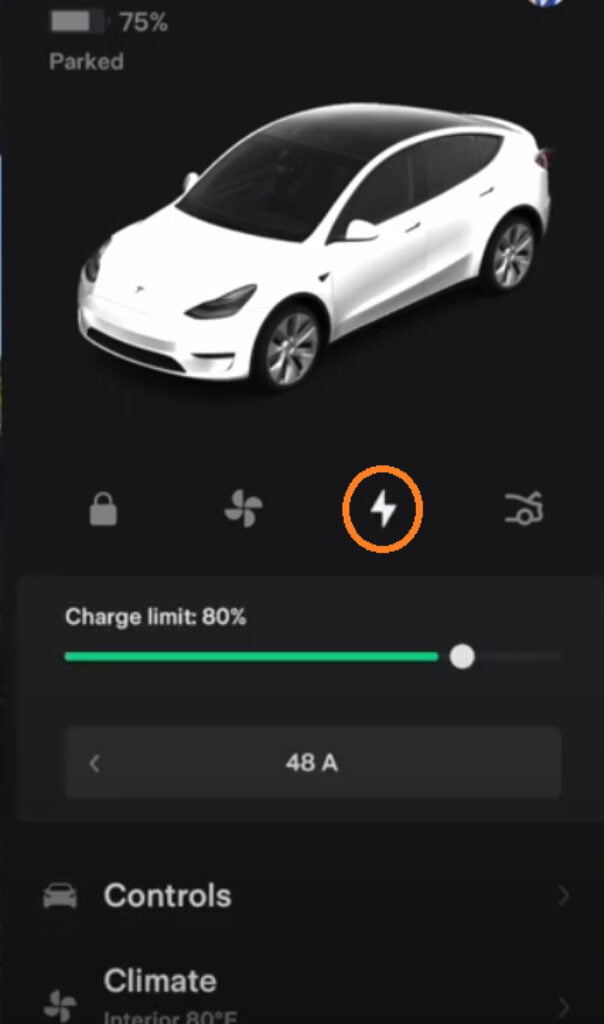 Showing Tesla app ligntening bolt icon to open charge port