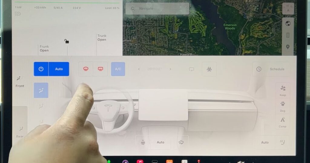 Defrosting Tesla for preconditioning from climate controls in car dashboard