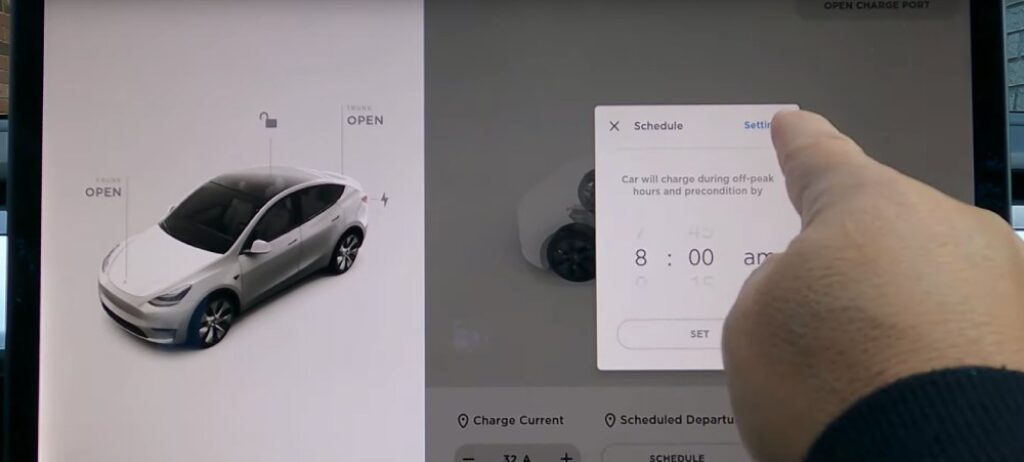 Tesla schedule departure settings tab